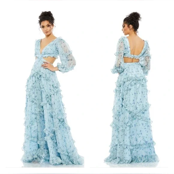 Mac Duggal 67949 NWT Chiffon Evening Dress with Floral and Ruffles - Picture 1 of 9